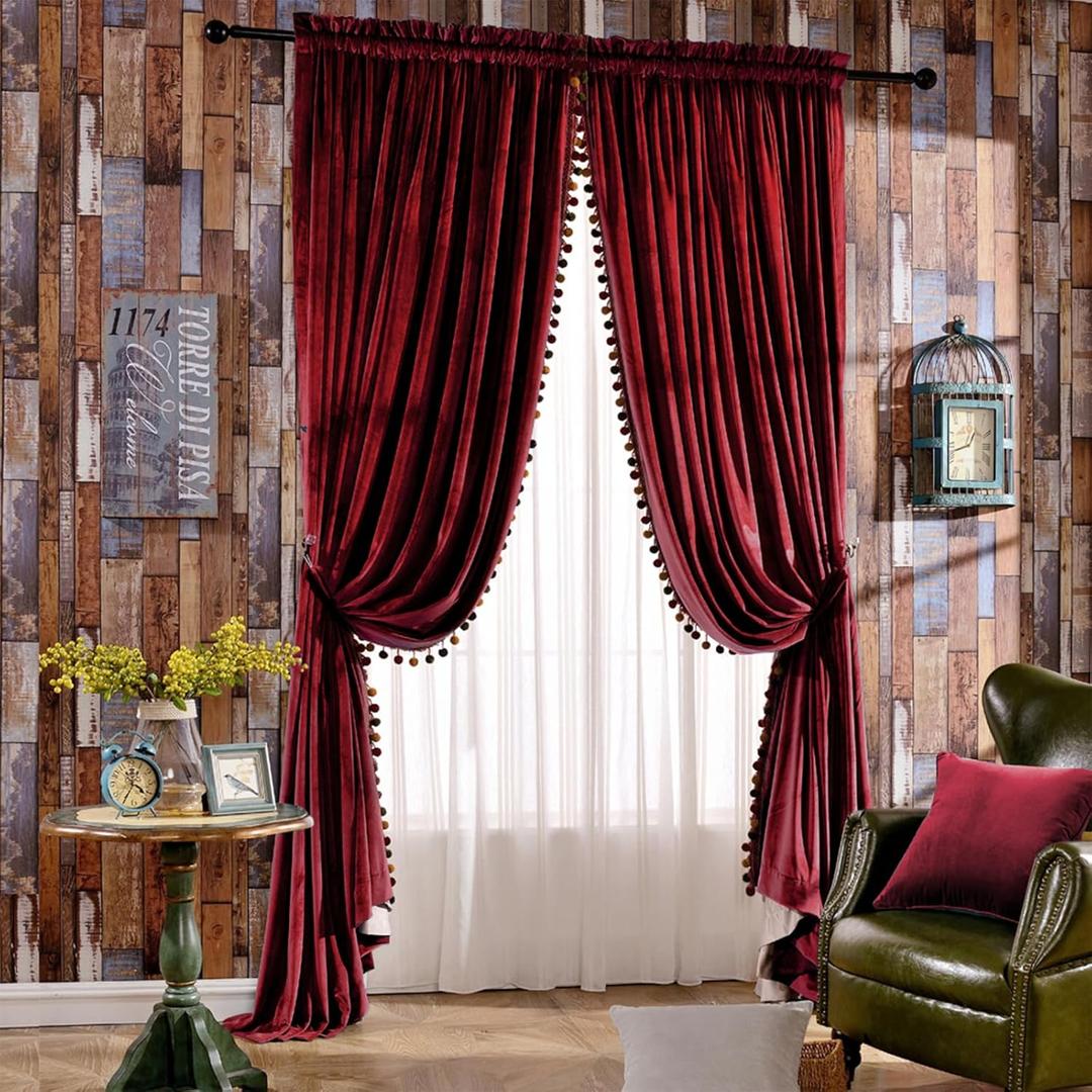 Melodieux Pom Poms Velvet Blackout Curtains for Bedroom Living Room, Vintage Luxury Thermal Insulated Rod Pocket Lined Drapes, 52" W x 84" L, Burgundy (2 Panels) (W52 x L84, Burgundy-lined)