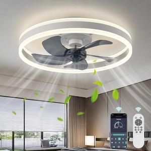 AHAWILL Low Profile Ceiling Fans with Lights and Remote,19.7in Flush Mount LED Dimmable Ceiling Fan, Pure White Fandelier Ceiling Fan for Bedroom.