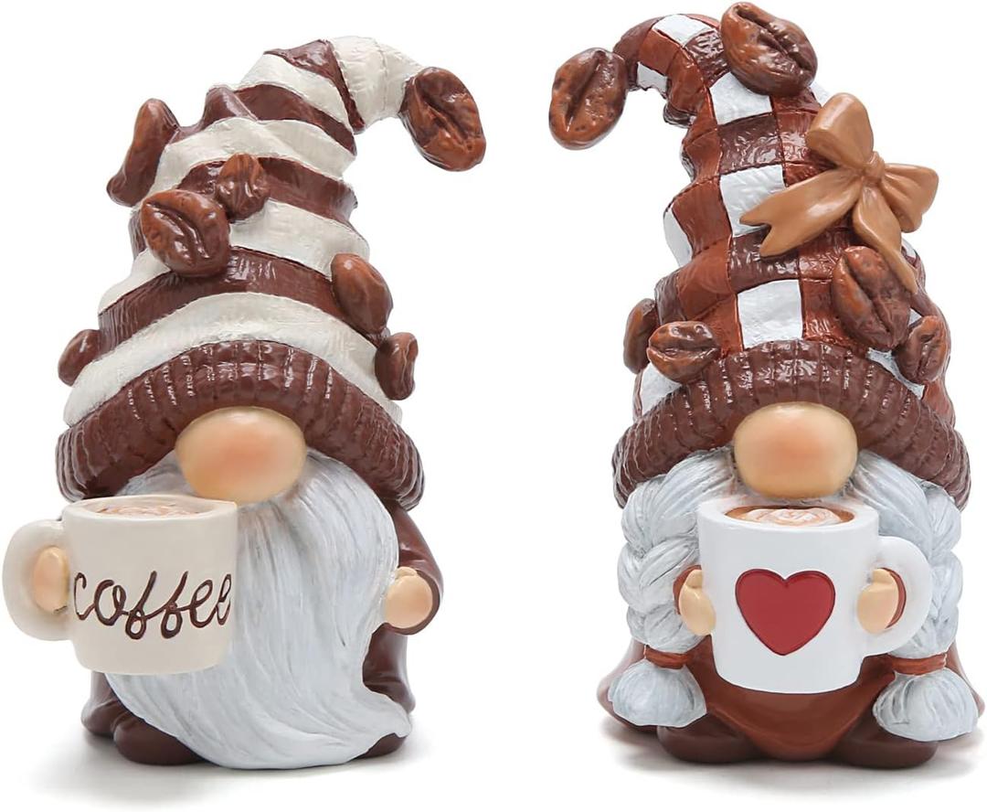 Hodao 2PCS Coffee Gnomes Figurines - Swedish Tomte Elf Dwarf Decor for Bar, Home, Gifts, Holiday Coffee Corner Decoration, Cute Christmas Farmhouse Tiered Tray Ornament for Kitchen Display