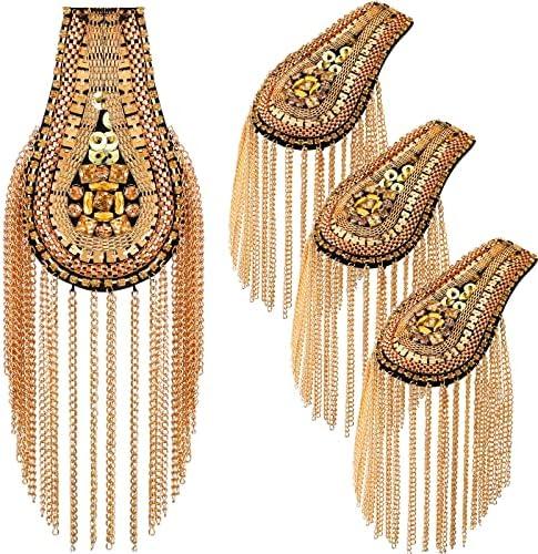 Yilloog 2 Pcs Shoulder Epaulets for Women Tassel Link Chain Boards Badge Beads Pads Punk Fringe Jewelry Pins for Men Jackets(Gold)