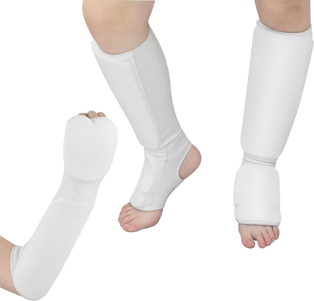 Cozypower 2 Pairs Taekwondo Sparring Gear for Kids Shin Guards and Fist Forearm Guards Protector Hand Foot Padded Arm Sleeves for Martial Arts MMA Karate Muay Thai White