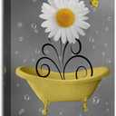 Bathroom Wall Art Daisy Canvas Pictures Modern Flower Bathtub Artwork Rustic Wood Board Background Contemporary Wall Art Decor Bedroom Living Room Office Home Framed Ready to Hang Yellow 16" x 24"