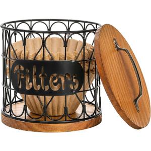 Frcctre Coffee Filter Holder with Wood Lid, Large Capacity Coffee Filter Storage Container Metal Wire K Cup Pod Organizer Basket, Coffee Bar Accessories Decor