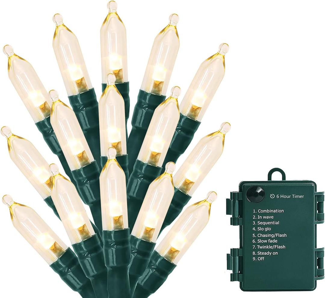 ASENEK Christmas Light, 33ft 100 LED Battery Operated String Lights with Auto Timer & 8 Modes, Green Wire Outdoor Waterproof String Lights for Outdoor and Indoor Christmas Decor  Warm White