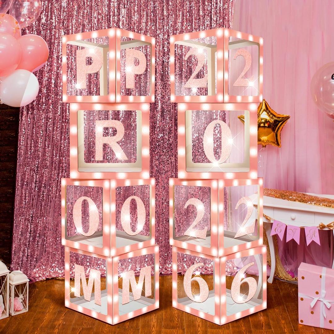 Sinmoe 8 Pcs 2026 Prom Graduation Boxes Decoration Photo Booth Border Lighting 12'' Column Standup with 2026 Prom Letters Graduation Props Backdrop Decor for Party Supplies(Pink)