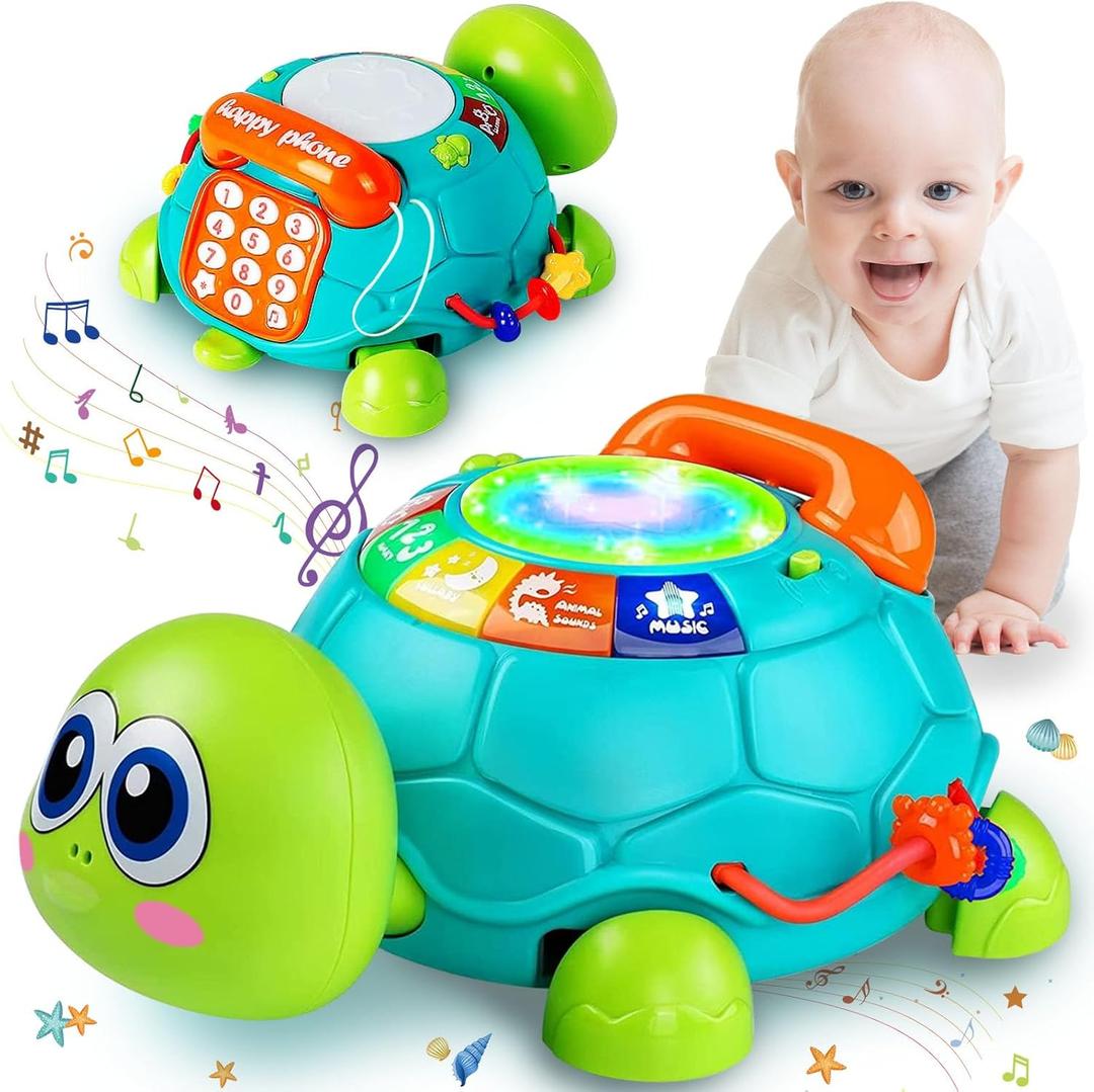 Ussybaby Baby Crawling Toys 6 to 12 Months, Infant Turtle Musical Toys with Phone Hand DrumBaby 7 8 9 10 11 Months 1-2 Year Old Boy Girl Gift Green