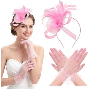 Fumwase 2Pcs 50s Fascinators Hats with Gloves for Adult Women Tea Party Hat Headband for Wedding Cocktail Party (Pink)