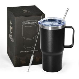 20 oz Tumbler with Handle, insulated cup coffee mug with lid, straw and handle, Double Wall Stainless Steel Vacuum Coffee Tumbler travel mug spill proof, 1pcs Black