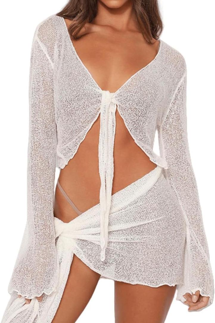 Women's 2 Pieces Outfits Mesh Perspective Suit Swimming Beach Long Sleeve Crop Top and Mini Skirt Set (White, S)