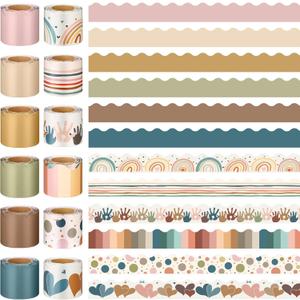 Geyee 12 Rolls 394 ft Boho Bulletin Board Borders Bohemia Bulletin Board Decorations Colorful Rainbow Aesthetic Trim for School Classroom Wall Decor