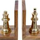 MyGift Decorative Chess Bookends Heavy Duty Mango Wood and Brass Tone Metal King and Queen Chess Pieces Design Bookend Shelf Decor - Handcrafted in India