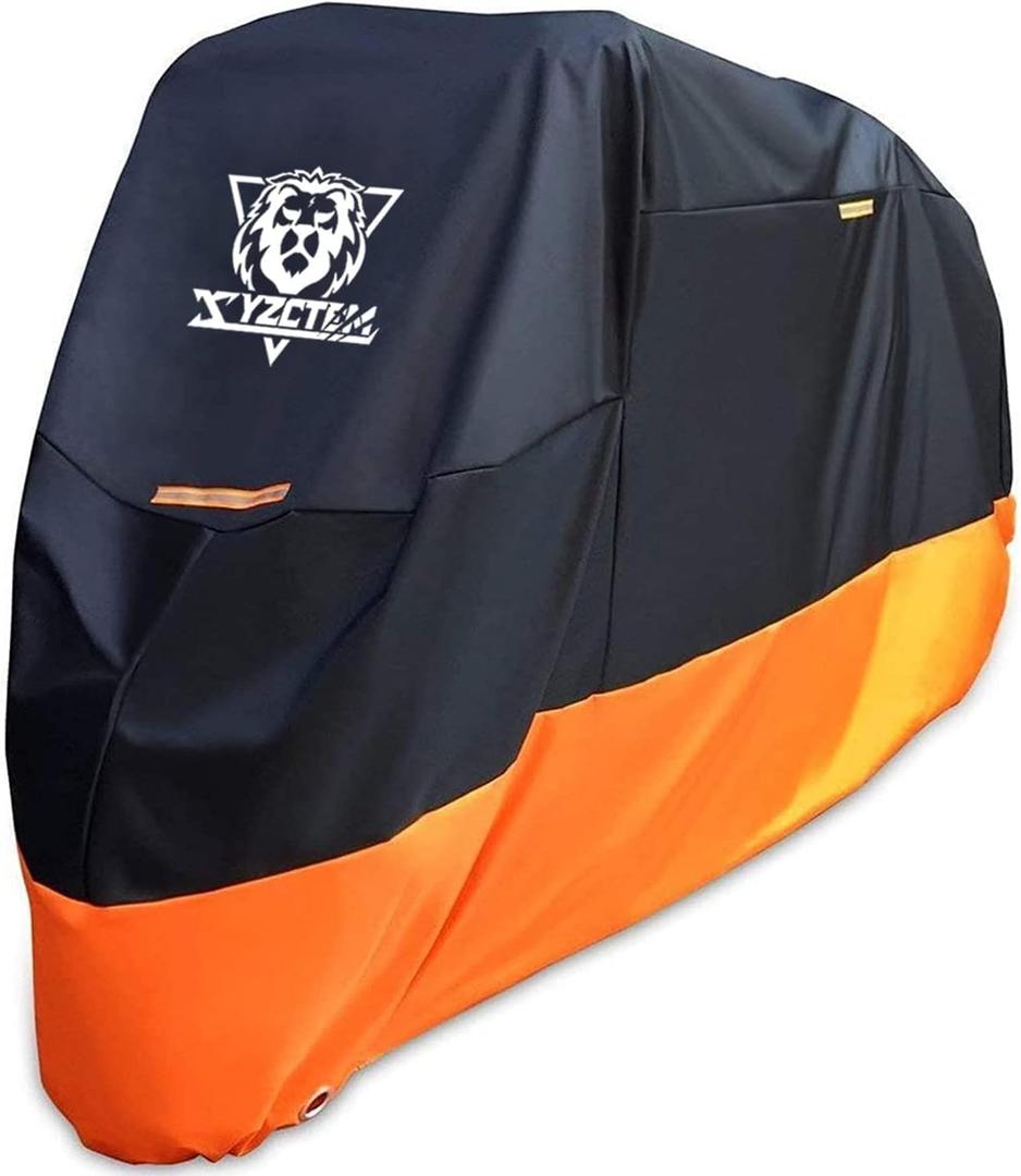 XYZCTEM Motorcycle Cover  All Season Waterproof Outdoor Protection  Precision Fit up to 108 Inch Tour Bikes, Choppers and Cruisers  Protect Against Dust, Debris, Rain and Weather(XXL,Black& Orange)