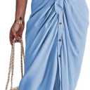 Women Elegant Satin Button Down Short Sleeve Maxi Shirt Dress with Belt (Blue, M)