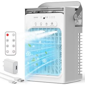 Portable Air Conditioners, Mini Personal Evaporative Cooler with Remote, 2 Mist Modes, 4 Wind Speeds, 1100 ML Water Tank, 2/4/6H Timer, Colorful Light, USB-C Powered Cooling Fan for Room Office Car