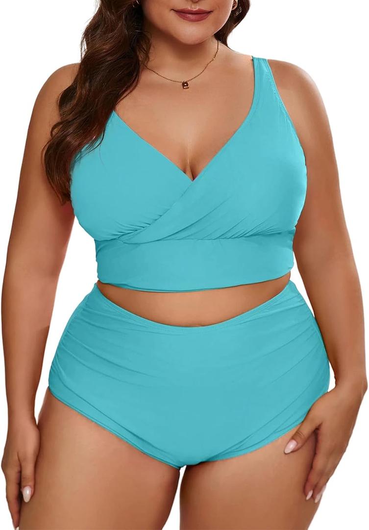 Eytino Womens Plus Size Bikini Sets High Waisted V Neck Bahting Suits Two Piece Color Block Swimsuits (XXL)