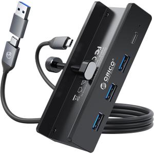 ORICO USB Hub 3.0, Clamp USB Hub with Extra Power Supply Port, Aluminum 4-Port USB Adapter with 3 USB-A Data Ports, USB-C Port for Monitors, Desks (Black)