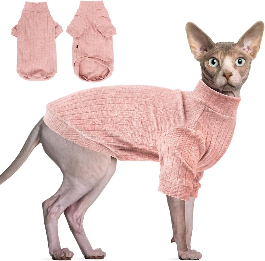 Idepet Sphynx Hairless Cats Sweater Shirt Kitten Soft Puppy Clothes Pullover Cute Cat Pajamas Jumpsuit Cotton Apparel Pet Winter Turtleneck for Cats and Teacup Chihuahua Small Dogs (Pink,XS)