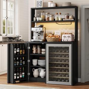 Coffee Bar Cabinet with Fridge Space, Mini Fridge Cabinet with Power Outlets and Glass Holder, Farmhouse Design Mini Fridge Stand with Storage for Living Room, Kitchen, Entryway, Black