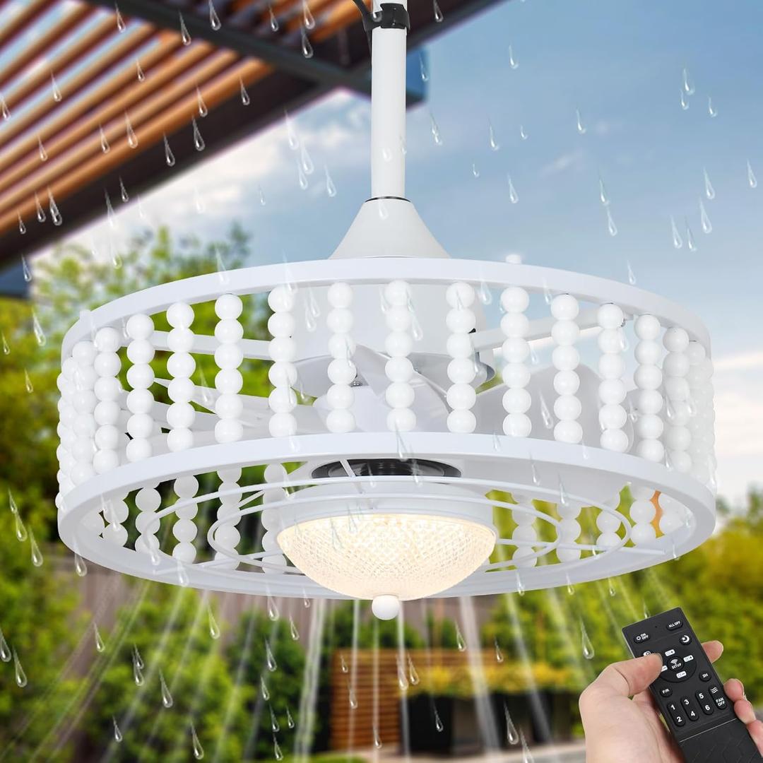 Outdoor Ceiling Fans with Lights and Remote, Waterproof LED Dimmable Ceiling Fan, Reversible, 3CCT, 6 Wind Speeds, White Plug in Ceiling Fan, Farmhouse Boho Hanging Gazebo Fan for Patios Porch Indoor, Large