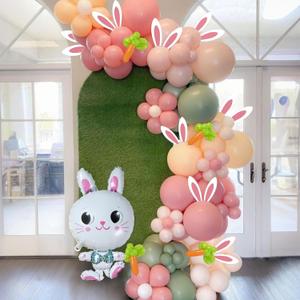 2 x Happy Easter Balloon Garland Arch Kit, 145Pcs Retro Pink Green White Balloons with Rabbit Ears Shaped Card Bunny Carrot Balloons for Easter Party Decorations Baby Shower Girls Birthday Party Supplies