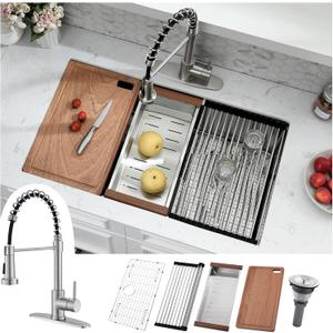 27 Inch Undermount Kitchen Sink with Faucet Combo - Single Bowl Kitchen Sink Workstation with Accessories 27x19 Stainless Steel Undermount Sinks and Faucet Combo Set