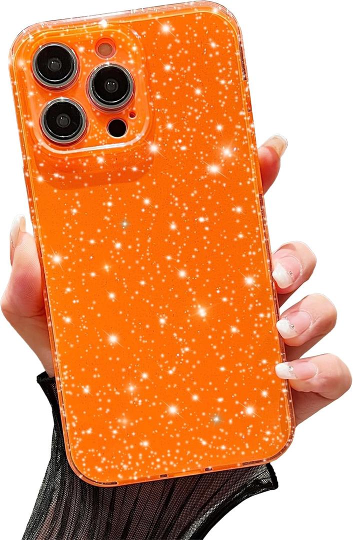 FABSPARK Case for iPhone 15,Super Cute Vibrant Neon Glitter Shiny Bling Sparkly Glossy Girly Case,Shockproof Slim Camera Protection for iPhone 15 6.1 Inch,Orange