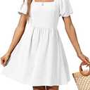 OFEEFAN Women Puff Sleeve Square Neck Tie in Back Dresses with Zipper, M