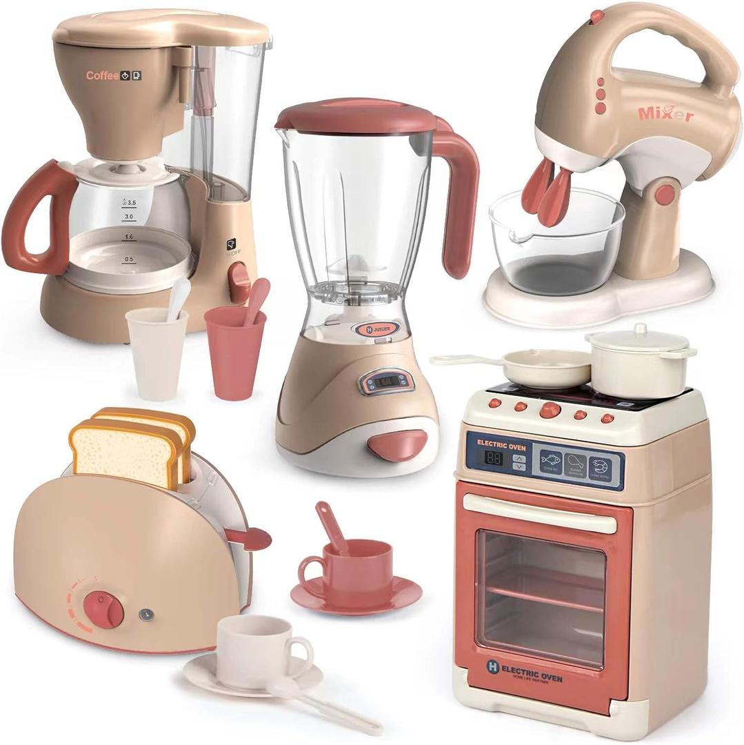 Play Kitchen Toys, Pretend Play Kitchen Appliances Toy Set with Coffee Maker, Mixer, Toaster with Realistic Lights& Sounds, Birthday Gift for Kids Ages 3-5 4-6 6-8 (5 Machine)