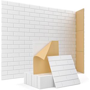 Acoustic Wall Panels, Brick Pattern Peel and Stick Sound Absorbing Panel for Ceiling, Door, Pared, 18 Pack 12"x12"x0.4", White Decorative Self Adhesive Wall Tiles for Recording Studio, Room