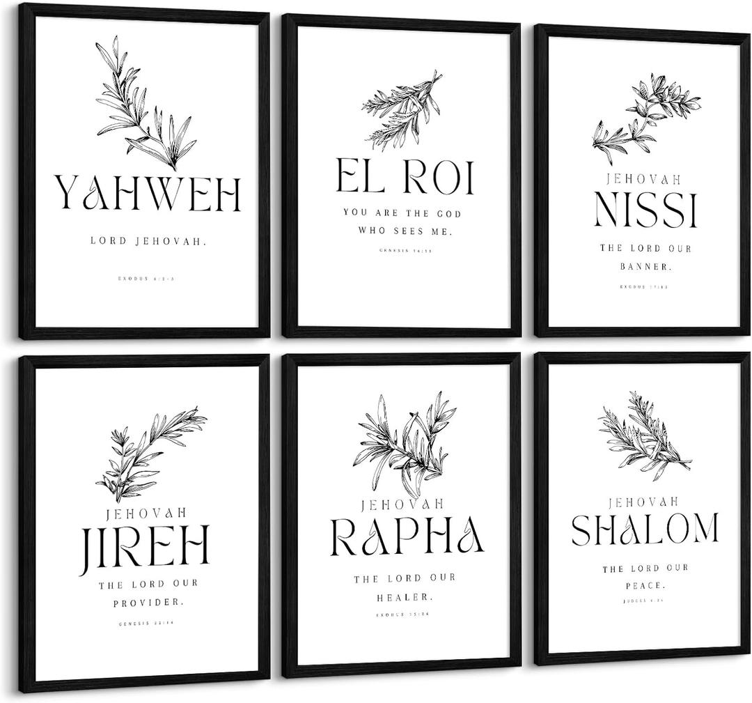 Christian Hebrew Names of God Wall Art Bible Verse Scripture Canvas Wall Decor Art Minimalist Jesus Pictures Modern Christian Poster Artwork Bible Verse Prints for Room 8x10 Inch Framed Set of 6