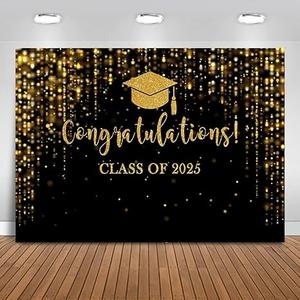 Mocsicka Class of 2025 Backdrop Black Gold Glitter Bokeh Graduation Party Background 2025 Congrats Grad Prom Party Cake Table Decoration Photo Booth Props (8x6ft)