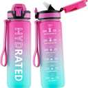 Water Bottle with Straw, 27oz Motivational Water Bottles with Time Marker to Drink, Tritan BPA Free, 750ml Sports Water Bottle with Carry Strap LeakProof for School Fitness Outdoor (1Pack) (Purple Green)