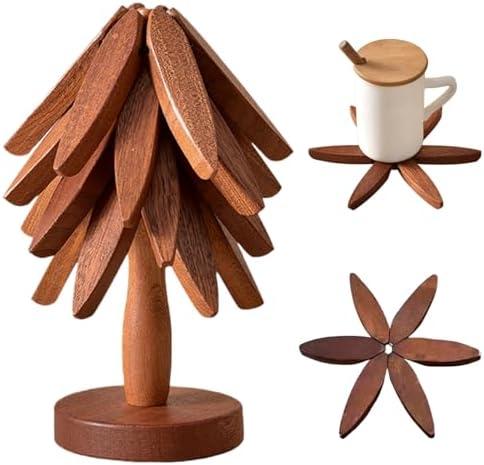 Natural Foldable Black Walnut Wooden Trivet .2 Set - 4 Trivets + 1 Stand for Hot Dishes, Pot, Bowl, Teapot, Hot Pot Holders(Black Walnut)