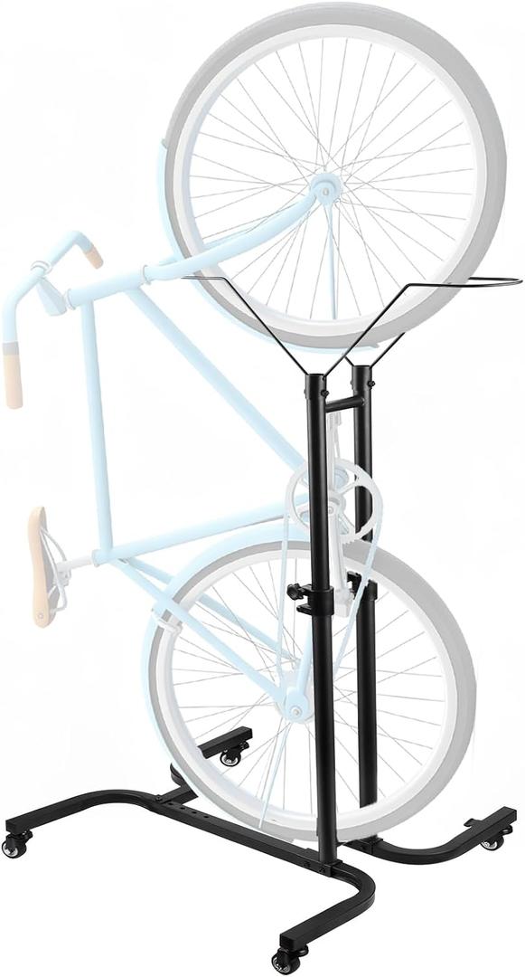 Adjustable Height Vertical Bike Parking Stand for 24"-29" Wheels, Movable Freestanding Bike Rack with Lockable Casters, No-Drill Storage Holder for MTB Road Bikes, Indoor & Garage Outdoor Use