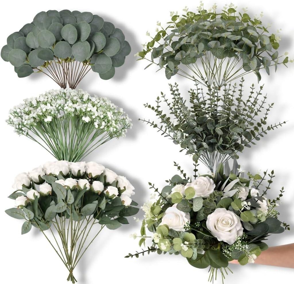 110 Pcs Artificial Eucalyptus Stems and Faux Flowers, 5 Kinds Greenery Stems Bulk, Fake Silver Dollar Eucalyptus Leaves Artificial White Roses for Wedding Decor Vase Centerpieces DIY Bouquet