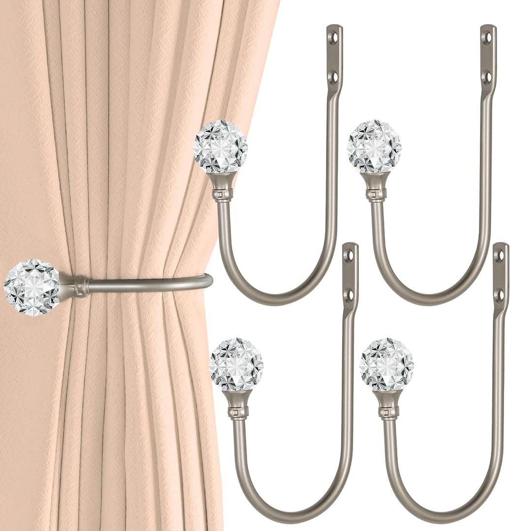 Groleca 4 Pack Heavy Duty U Shaped Metal Curtain Holdbacks Curtain Tiebacks with Clear Crystal Ball Pull Backs Curtain Holders for Drapes (Silver)