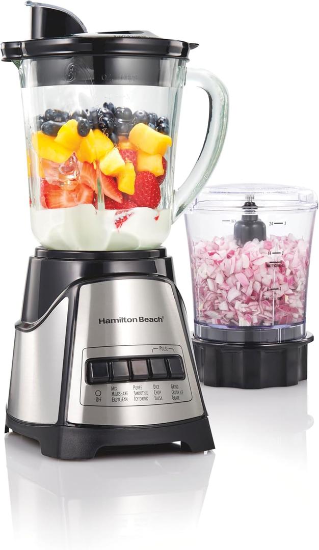 Hamilton Beach Power Elite Blender for Smoothies with 3-Cup Vegetable Chopper, Mini Food Processor, 40oz Glass Jar, 12 Functions for Puree, Ice Crush, Black and Stainless Steel (58149)