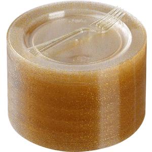 Goodluck 60 Plastic Dessert Plates 6.3" With 60 Forks 5.7", Gold Glitter Disposable for 60 Guests, Heavy Duty for Party, Wedding, Appetizers