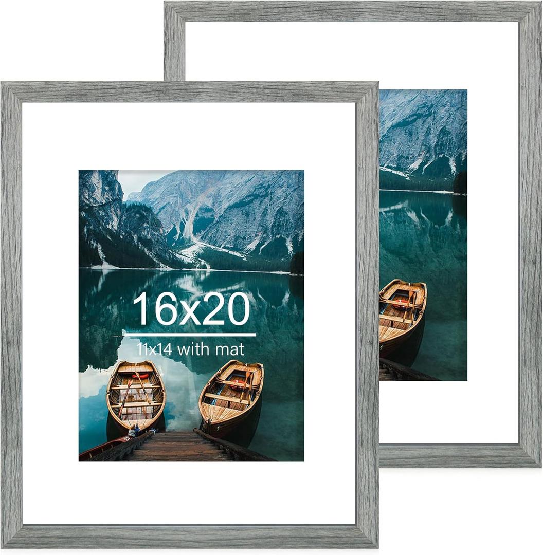 16x20 Frames Set of 2, Rustic Grey Wood Style - Display 16 x 20 Picture without Mat or 11x14 Picture with Mat, Wall Mounting Horizontal and Vertical