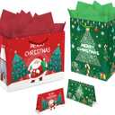 Aviski 2 PACK Christmas Gift Bags, 13 x 10.2 x 4.9 in, with Greeting Cards and Tissue Paper, Winter Holiday Paper Bags for Xmas Party Favor, Gift Wrapping (Red Green)