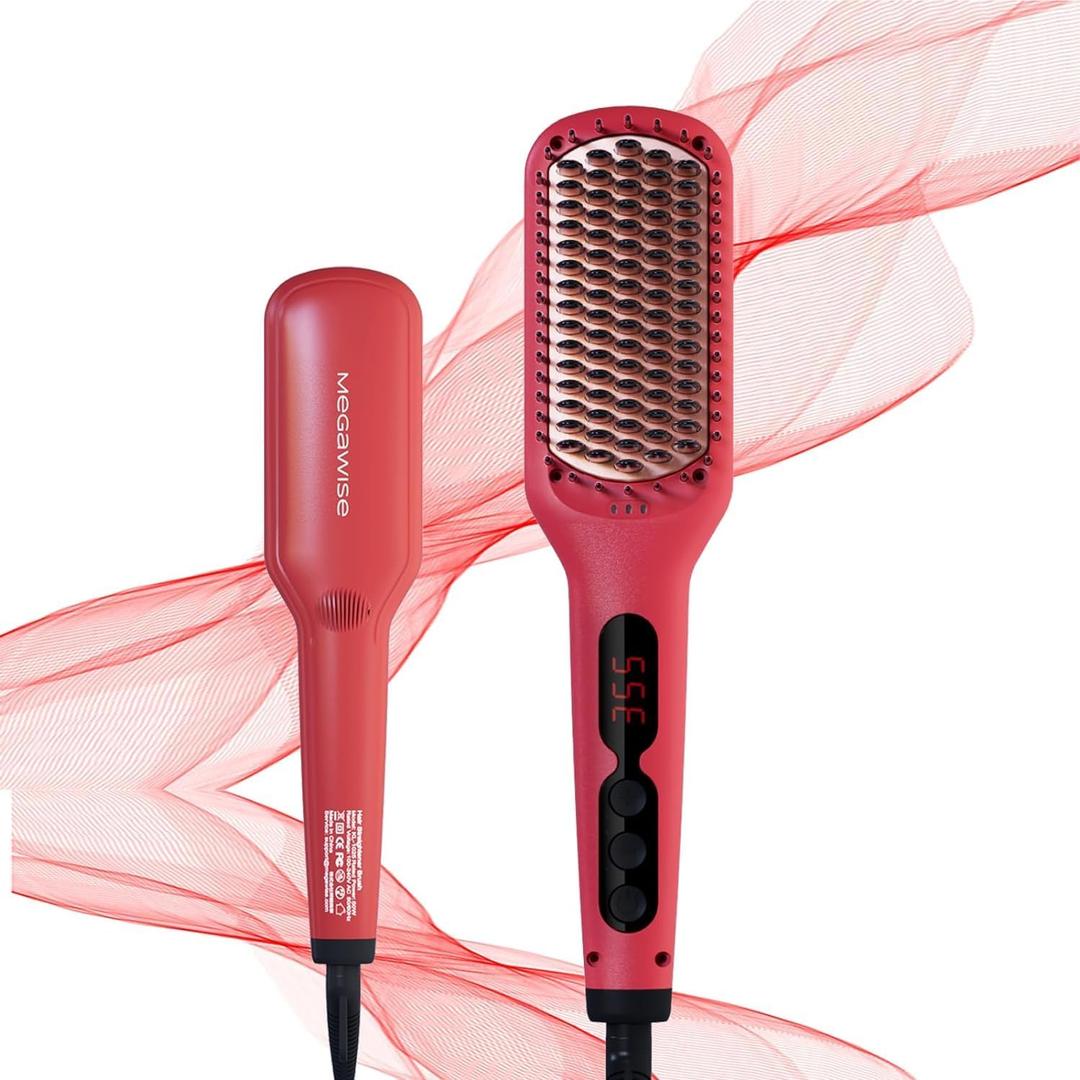 Megawise Pro Ceramic Ionic Hair Straightener Brush Fast 20s Heating, Anti-Scald, Auto-Off, Dual Voltage, Rotatable Power Cord Home Salon Styling Straightener (Tomato Red)