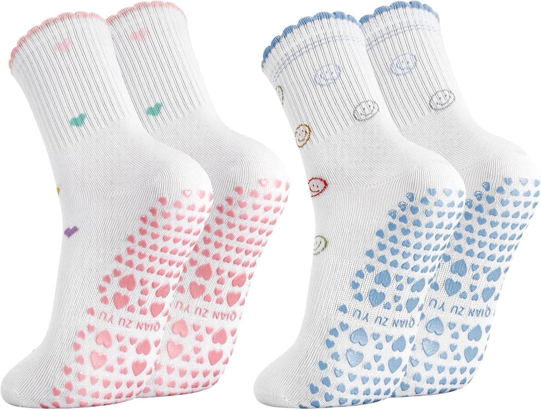 Cute Pilates Socks with Grips for Women Ruffle Yoga Sock | Non Slip Grippy, Cotton Breathable, Athletic Crew Sock for Barre Workout Hospital, 2/4 Pairs (White)