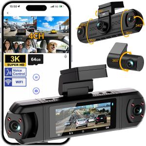4 Channel Dash Cam, 360° View 3K Front +1080P x3 Left & Right, Dash Camera for Cars,8 IR Lamps Night Vision,Voice Control,WiFi & APP Control,G-Sensor,Parking Mode, with a Free 64GB SD Card