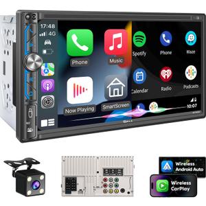 PLZ 7" Wireless Double Din Car Stereo Apple Carplay Radio Screen for Car Audio Receivers, Bluetooth 5.3 Car Play Android Auto Touchscreen, 240W 4.2 CHN 2 Subwoofers Outputs, Backup Camera, SWC, FM/AM