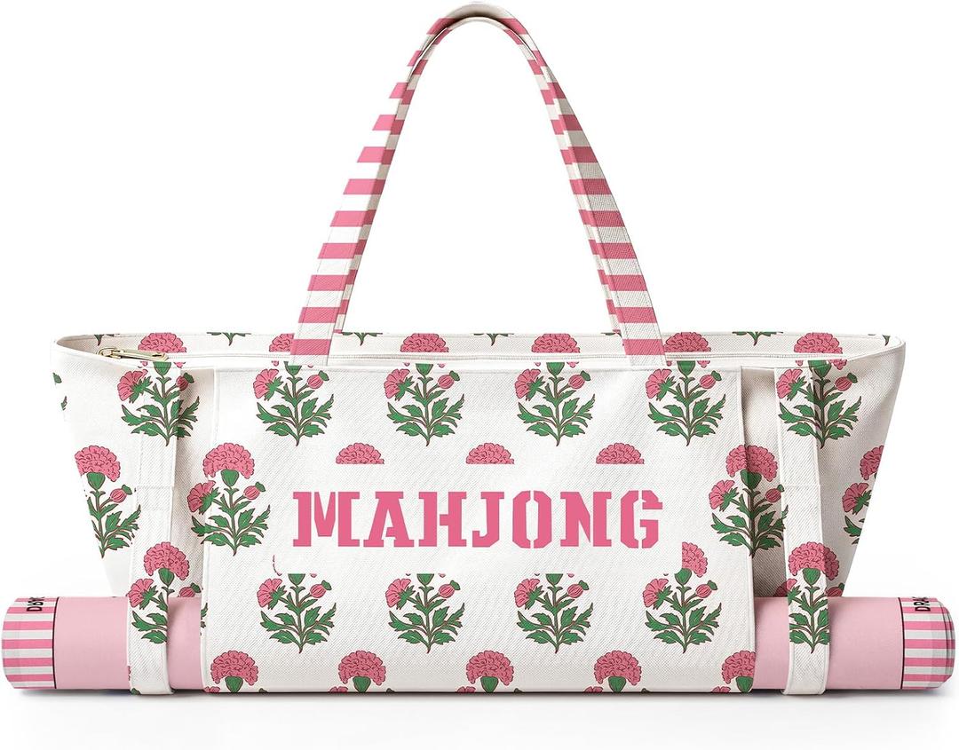 Shinylin 28 x 9 in Pink Marigold Floral Mahjong Bag for Tiles and Racks Canvas Marigold Tote Bag with Mat Holder Pink Floral Accessories Organizer Portable Mahjong Case Drawstring Protective Sleeve, 27.56 x 9.06 inches