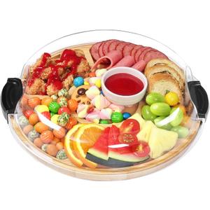 Charcuterie Boards, Round Bamboo Charcuterie Board with Locking Lid & 6 Compartments, Reversible Cheese Board Serving Tray with Clear Plastic Cover House Warming Gifts