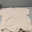 iChunhua Womens Striped Knit Sets 2 Piece Outfits 2025 Summer Crew Neck Short Sleeve Tops Shorts Lounge Sets with Pockets (Small, Beige)