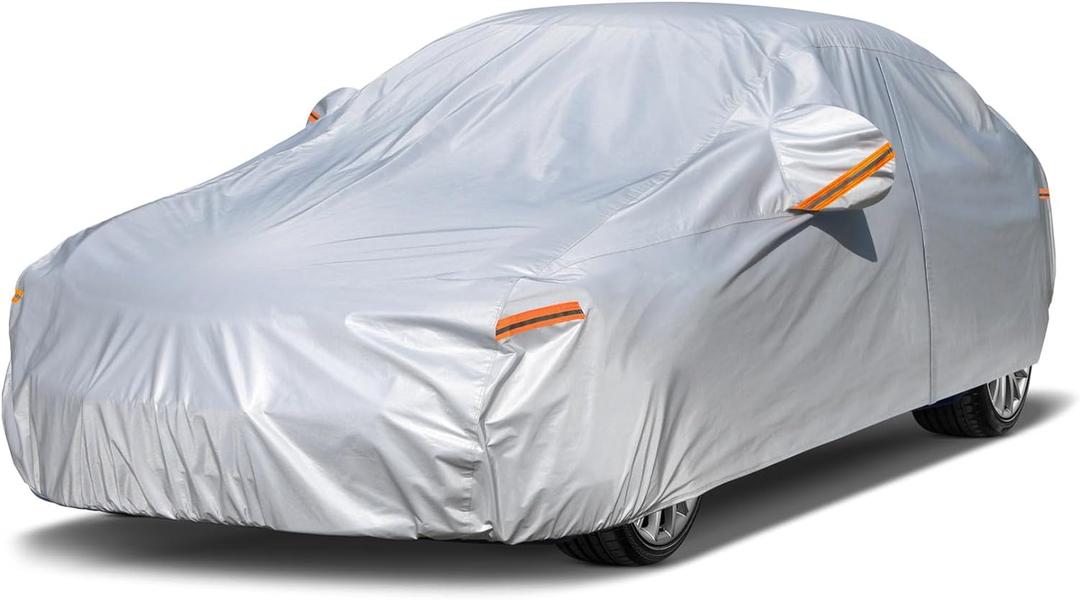 Kayme 6 Layers Car Cover Waterproof All Weather for Automobiles, Outdoor Full Cover Rain Sun UV Protection with Zipper Cotton, Size A2 3XL Universal Fit for Sedan (186-193 inch) (Aluminum-Silver)