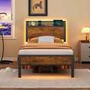 Twin Bed Frame with Charging Station and LED Lights,Heavy Duty Platform Beds Twin Size with Storage Headboard,USB Port,Rustic Wood and Strong Metal Support,No Box Spring Needed, Noise Free