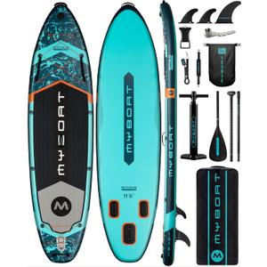 MYBOAT 11'6"34"6" Extra Wide Inflatable Paddle Board, Stand Up Paddle Board for Fishing, Sup Board with 3 Removable Fins, Dual Bungees, Camera Mount, Hand Pump, Strong Paddle, 5L Dry Bag, Leash